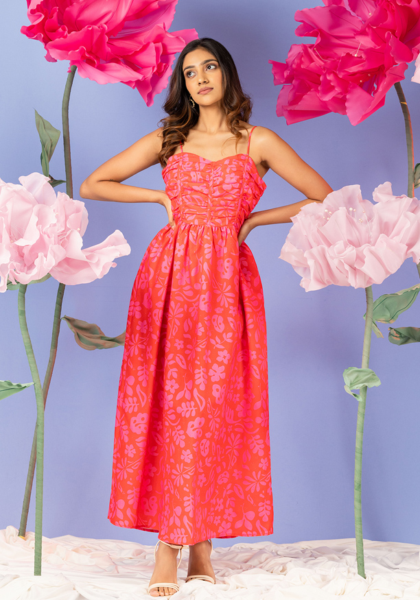 ANTONIA PINK & RED RUCHED PANEL DRESS 
